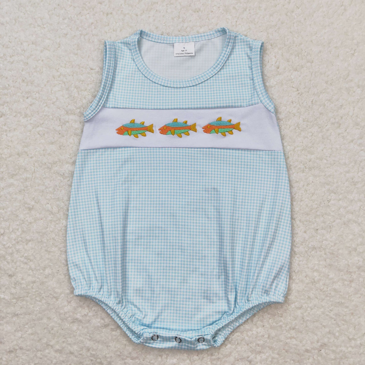 Baby Boy Embroidery Sleeveless Fish Plaid Blue Bubble One Piece Romper