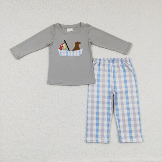 BLP0350 Baby Boy Long Sleeves Embroidery Fishing Dog Shirt Plaid Pants Pajamas Christmas Outfit