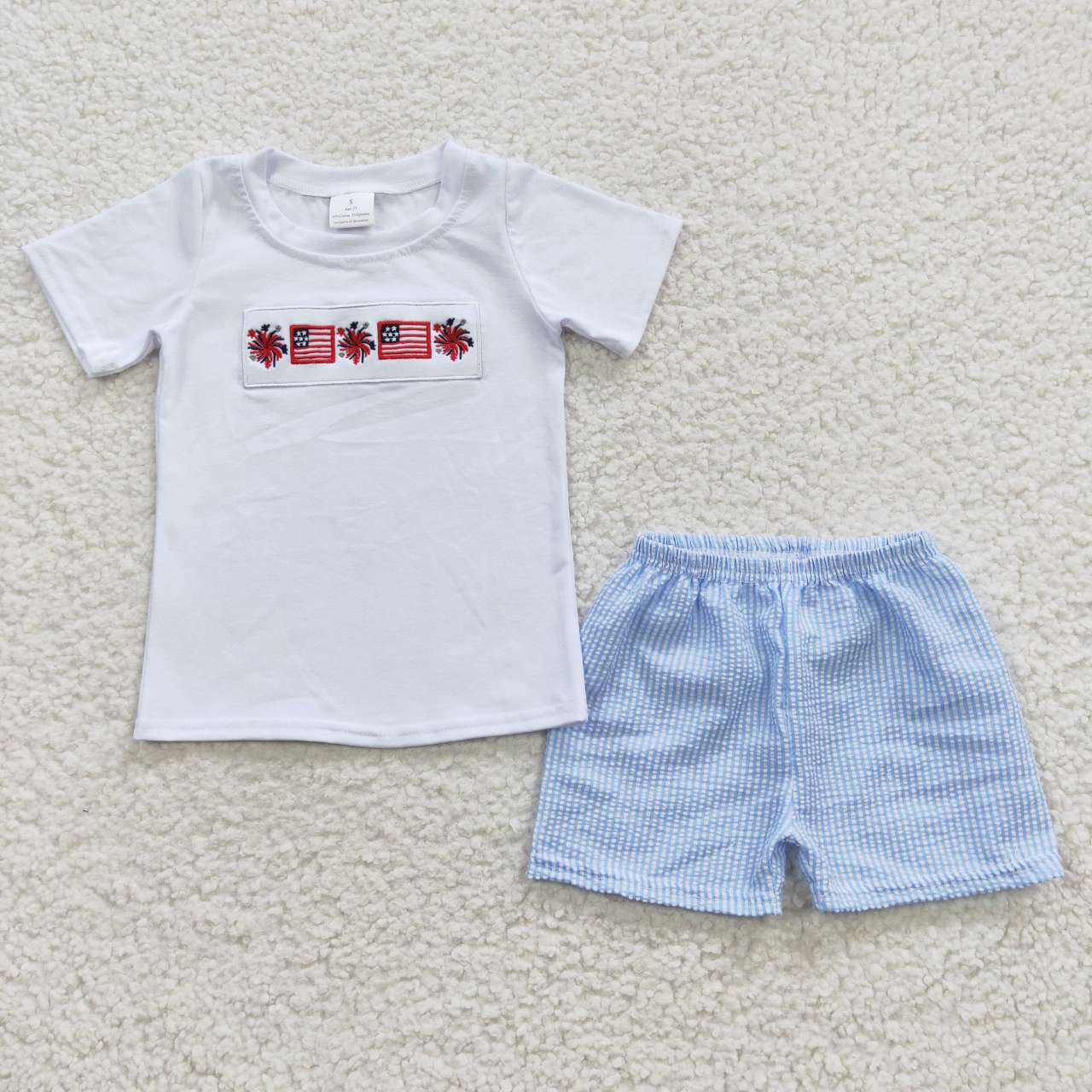 July 4th Baby Boy Short Sleeves Embroidery Flag Shirt Blue Shorts Summer Outfit