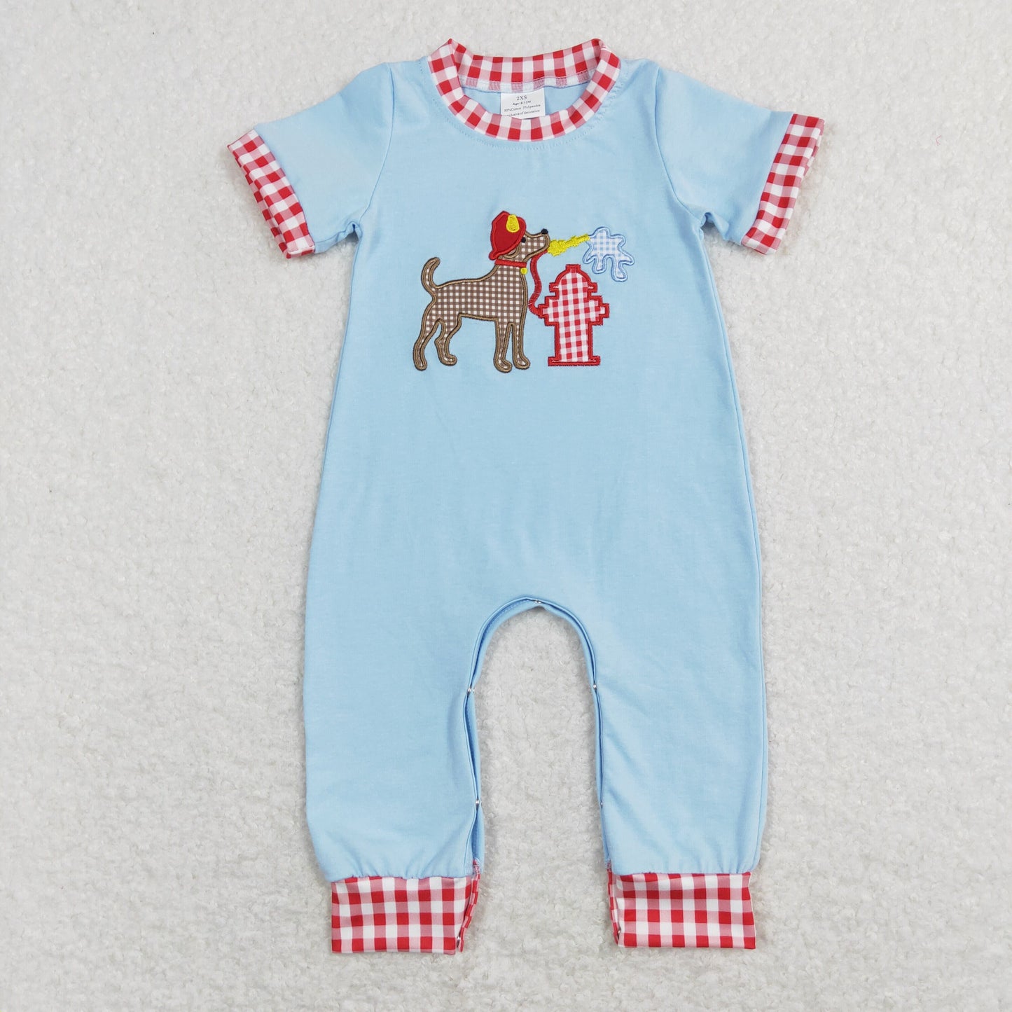 SR0664 Baby Boy Short Sleeves Embroidery Dog Fire Blue One Piece Romper