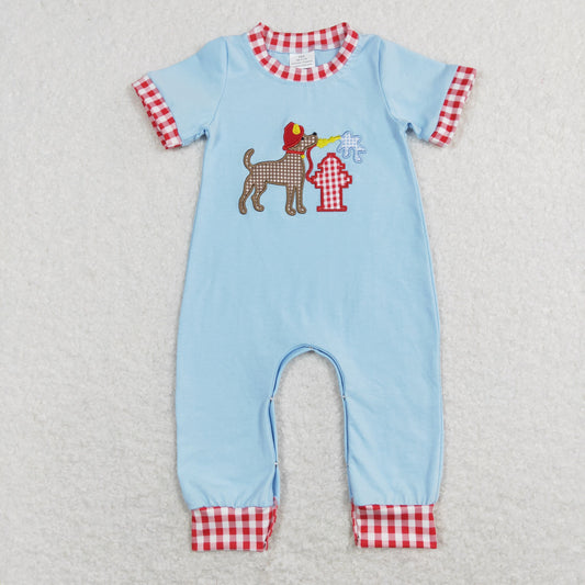 SR0664 Baby Boy Short Sleeves Embroidery Dog Fire Blue One Piece Romper