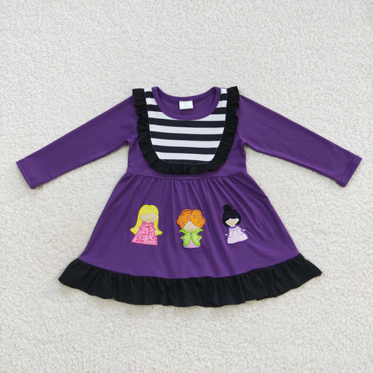 GLD0365 Halloween Baby Girl Long Sleeves Purple Embroidery Dress