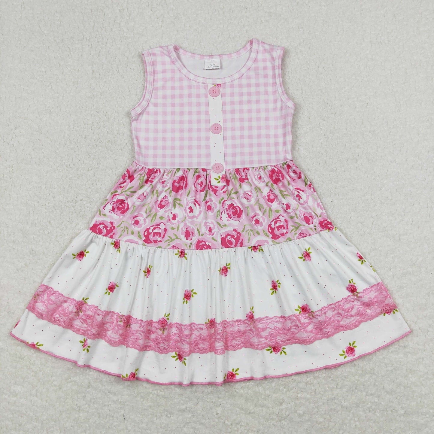 Baby Girl Sleeveless Floral Pink Plaid Dress