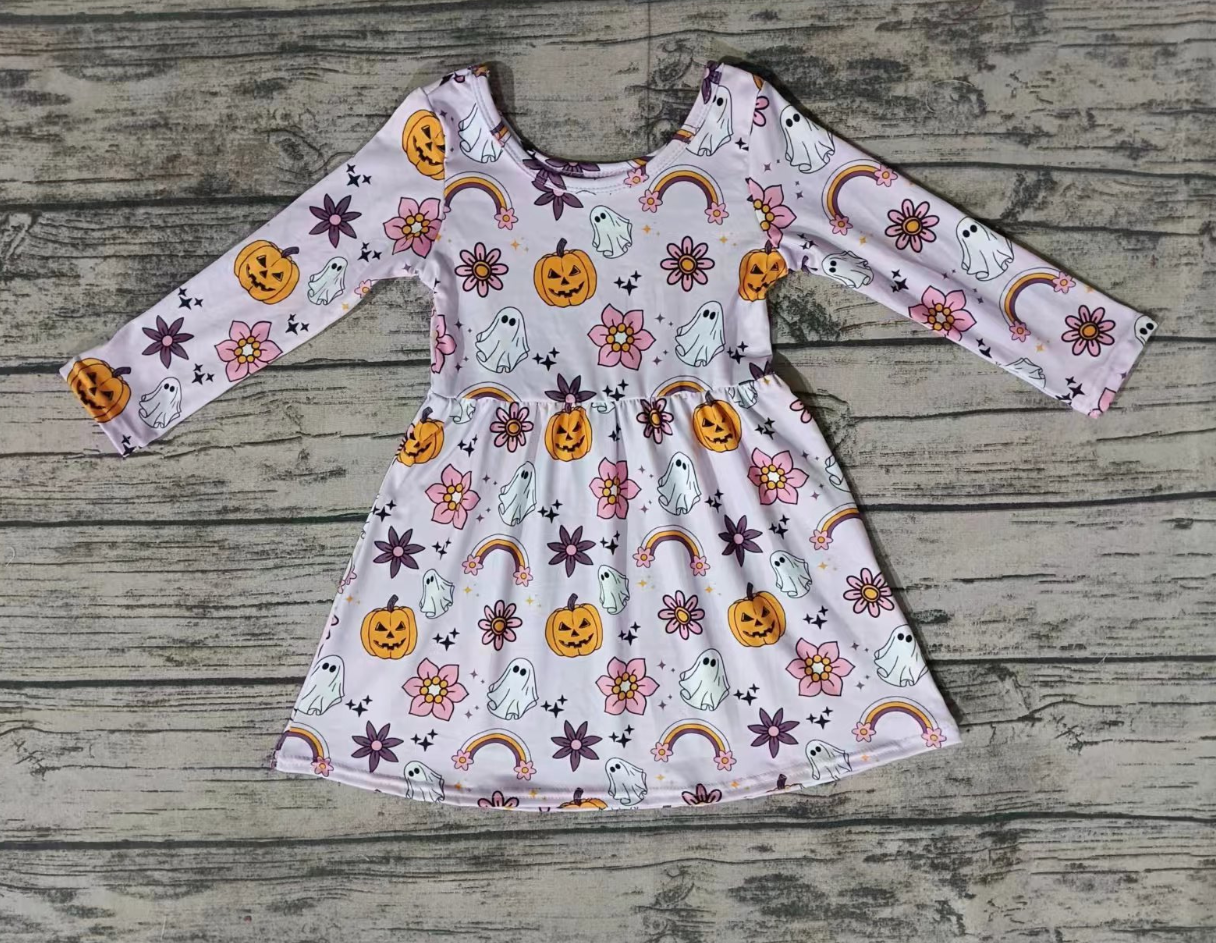 Baby Girl Long Sleeves Halloween Pumpkin Floral Ghost Dress Moq 5