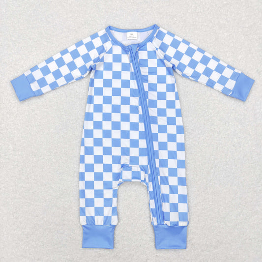 LR0811 Baby Boy Long Sleeves Blue Checkered Zipper One Piece Romper
