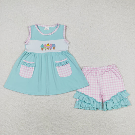 Baby Girl Sleeveless Embroidery Popsicle Pocket Tops Pink Plaid Shorts Set