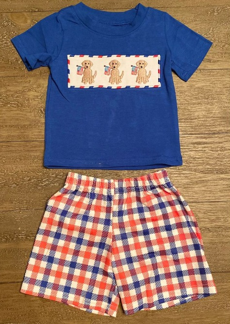 Moq 3 Pre-order GSSO0476 Baby Boy Dogs Bue Shirt Plaid Shorts July 4th Set