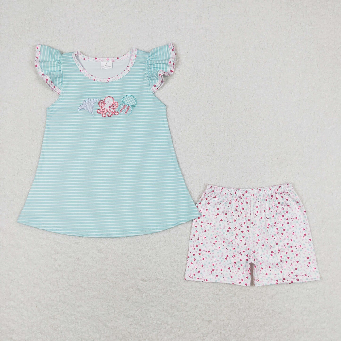 Baby Girl Embroidery Octupos Stripes Tops Stars Shorts Set