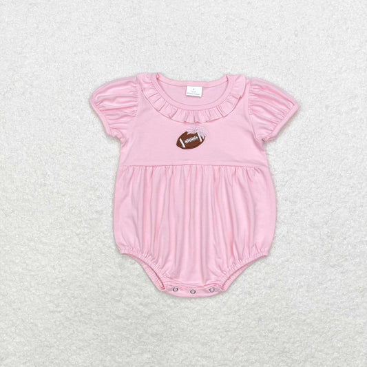 Baby Girl Embroidery Football Short Sleeves Pink Bubble Romper