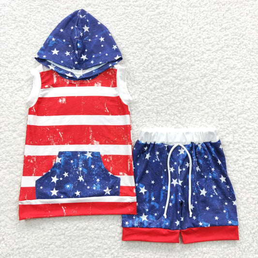 BSSO0244 July 4th Baby Boy Sleeveless Pocket Hoodie Tank Shorts Summer Stars Striped Outfit