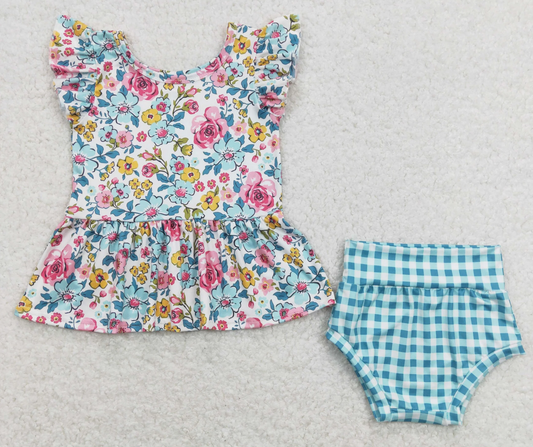 GBO0257 Baby Girl Short Sleeves Floral Tunic Plaid Bummies Shorts Set