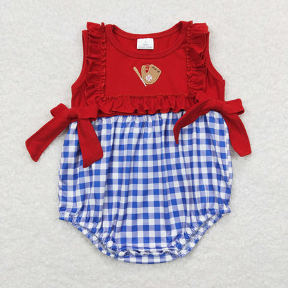 Baby Girl Sleeveless Embroidery Baseball Plaid Bubble One Piece Summer Romper