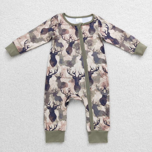 LR0662 Baby Boy Long Sleeves Reindeer Camo Zipper One Piece Romper