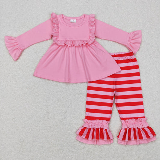 GLP0777 Baby Girl Pink Long Sleeves Cotton Tops Stripes Ruffle Pants Outfit