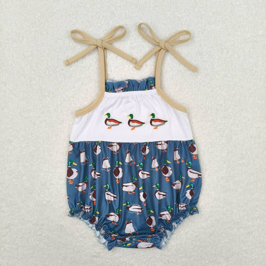 Baby Girl Sleeveless Embroidery Ducks Bubble One Piece Romper