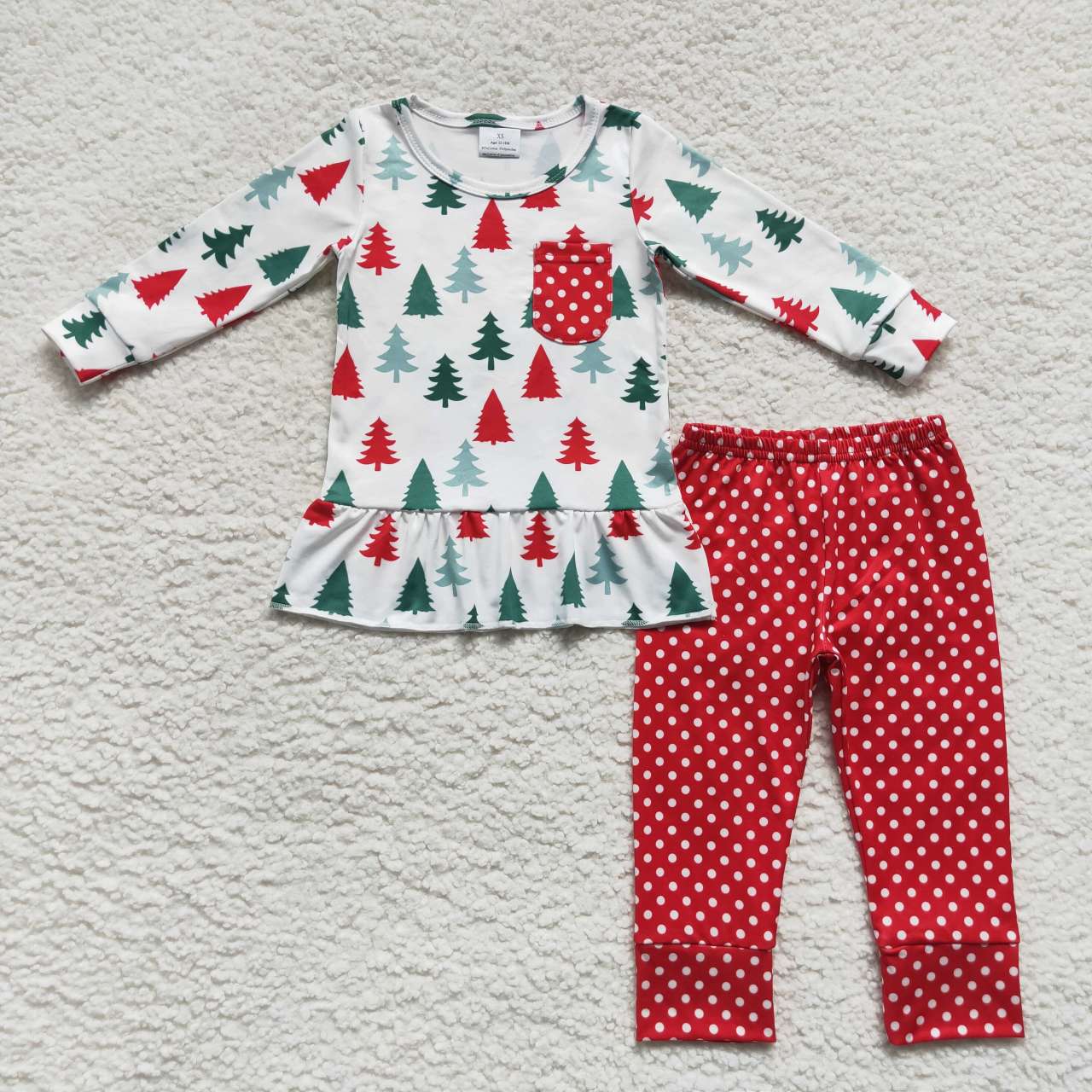 GLP0803 Christmas Baby Girl Long Sleeves Tree Pocket Tops Red Dots Pants Outfit