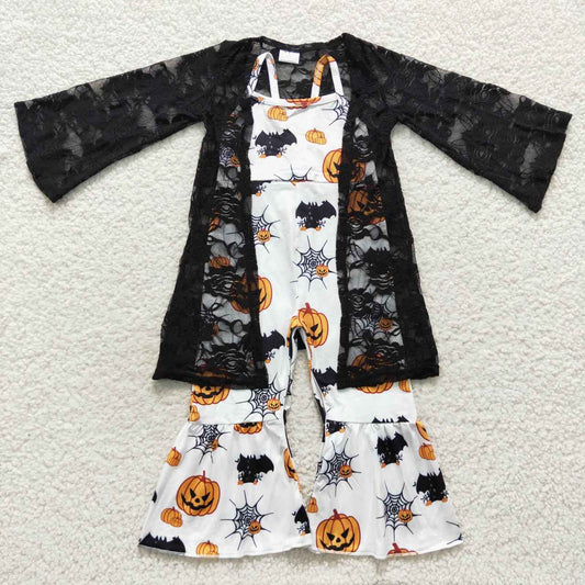 Baby Girl Halloween Black Coat And Pumpkin Jumpsuit Outfit