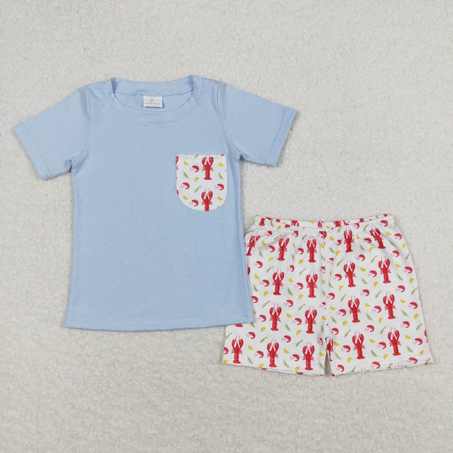 Baby Boy Short Sleeves Pocket Blue Shirt Crawfish Shorts Set