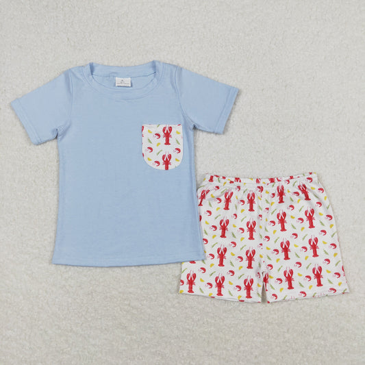 Baby Boy Short Sleeves Pocket Blue Shirt Crawfish Shorts Set