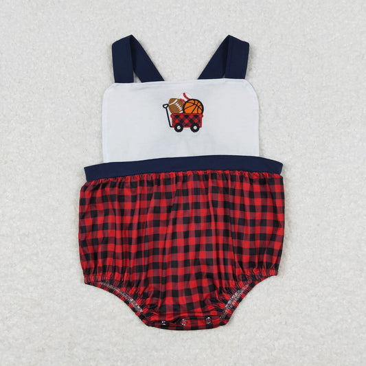 Baby Boy Short Sleeves Embroidery Ball Plaid Bubble One Piece Romper