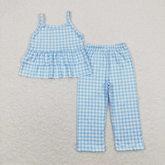 Baby Girl Sleeveless Blue Plaid Ruffle Tops Pants Set