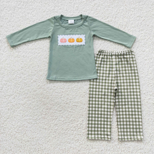 BLP0226 Baby Boy Long Sleeves Embroidery Pumpkin Plaid Pants Outfit Pajamas