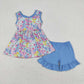 Baby Girl Short Sleeves Floral Tunic Blue Cotton Shorts Set