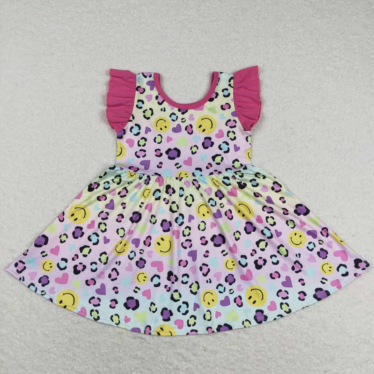 SGD0726 Valentine's Day Baby Girl Short Sleeves Face Leopard Hearts Twirl Dress