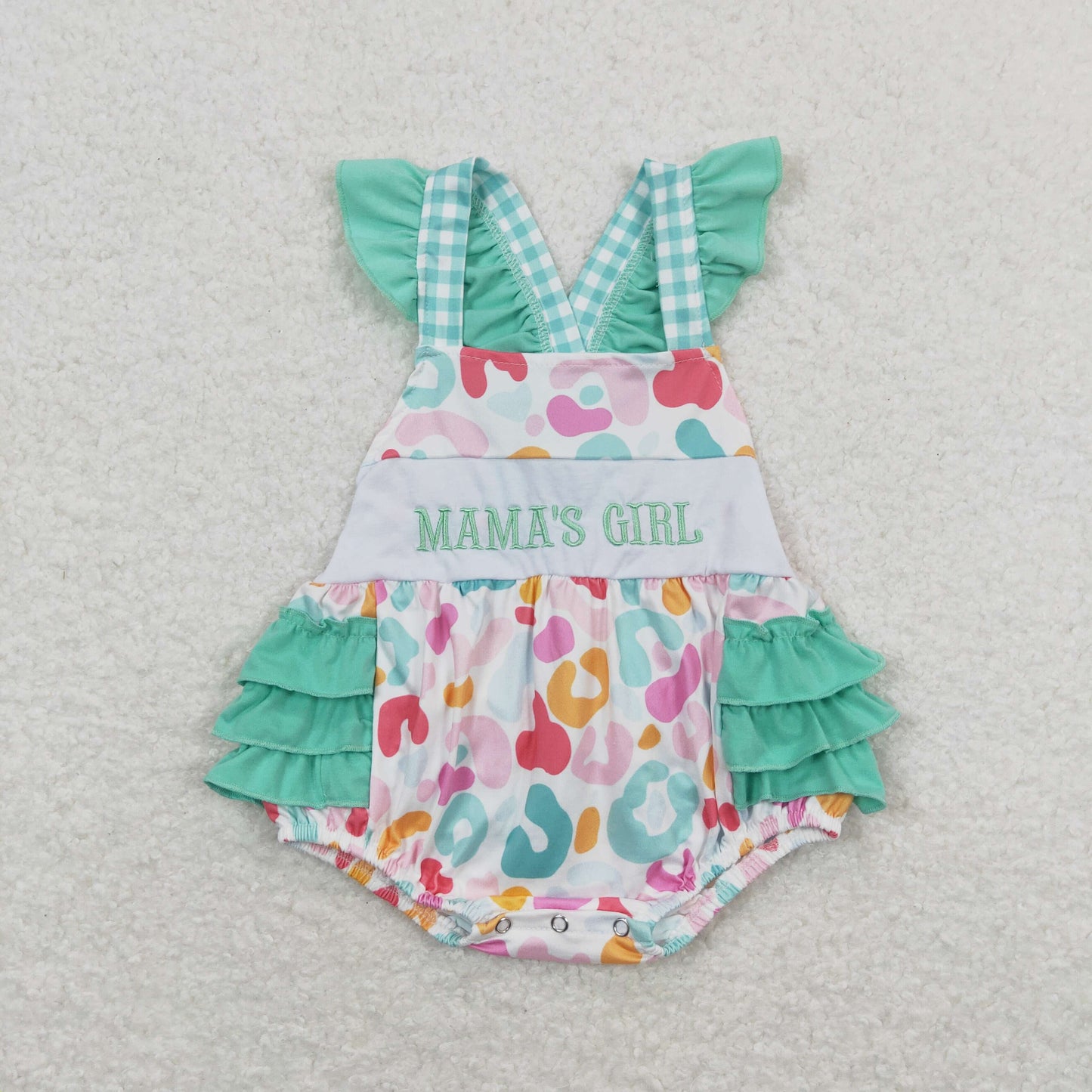 Short Sleeves Embroidery Mama's Girl Leopard Green Ruffle Bubble One Piece Romper