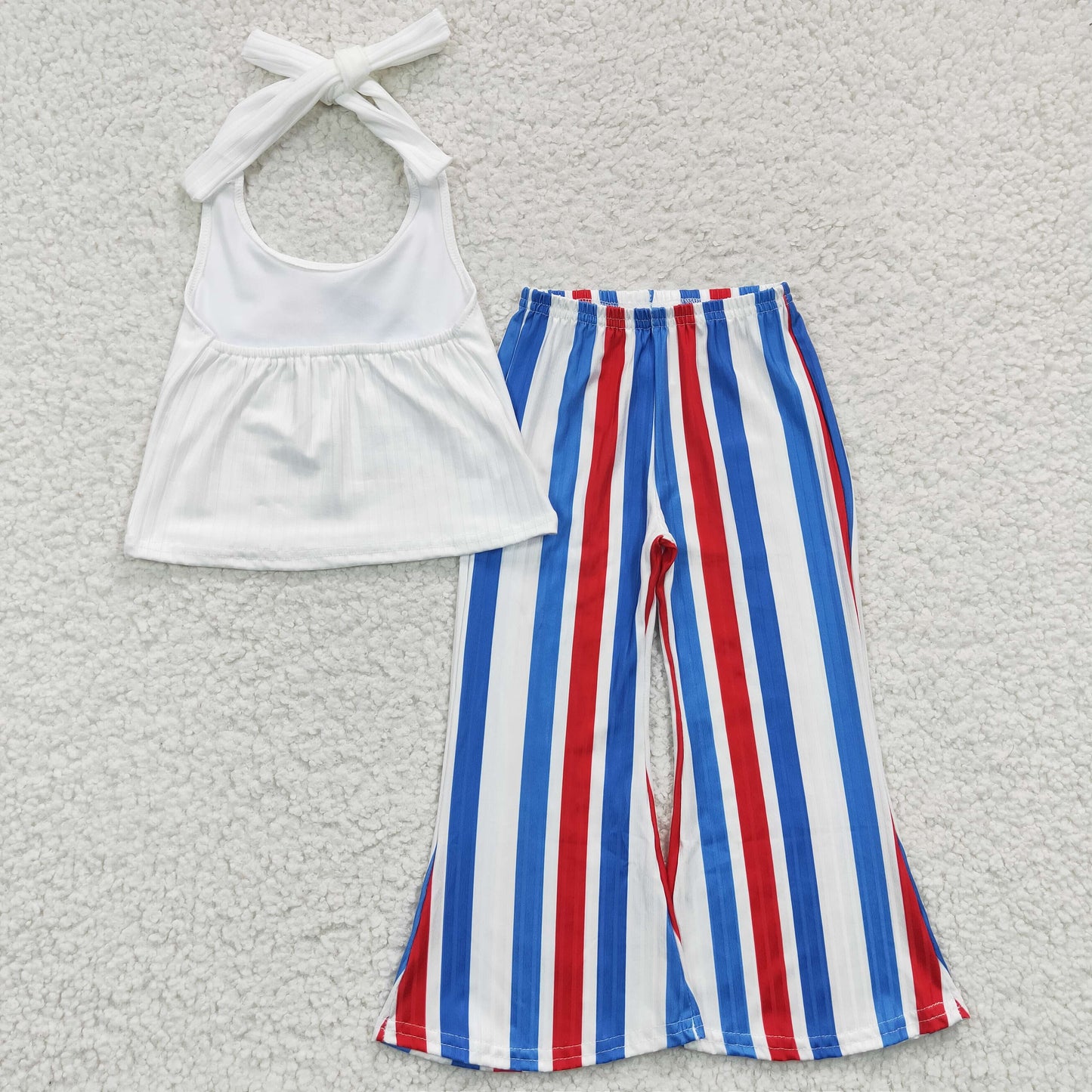 GSPO0655 July 4th Baby Girl Sleeveless Tops Red Blue Striped Bell Pants Outfit