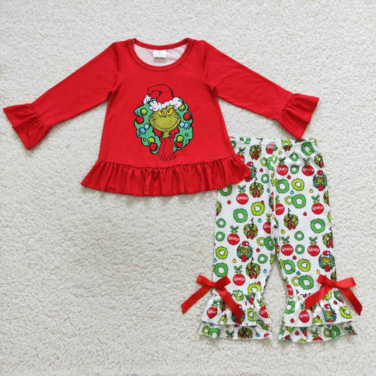 GLP0690 Baby Girl Christmas Long Sleeves Shirt Bell Pants Face Outfit