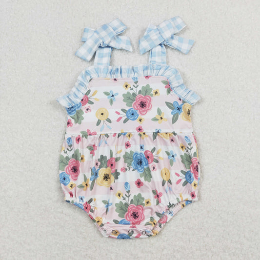 Baby Girl Sleeveless Stripes Floral Bubble One Piece Summer Romper