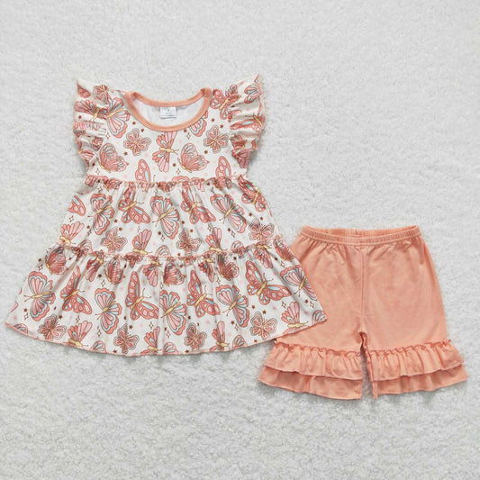 Baby Girl Short Sleeves Butterflies Tunic Cotton Ruffle Shorts Set