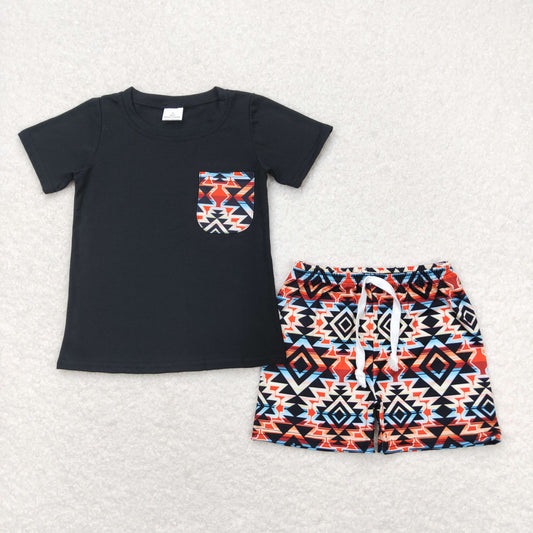 Baby Boy Short Sleeves Pocket Black Shirt Aztec Shorts Western Set