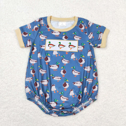 Baby Boy Short Sleeves Embroidery Ducks Bubble One Piece Romper