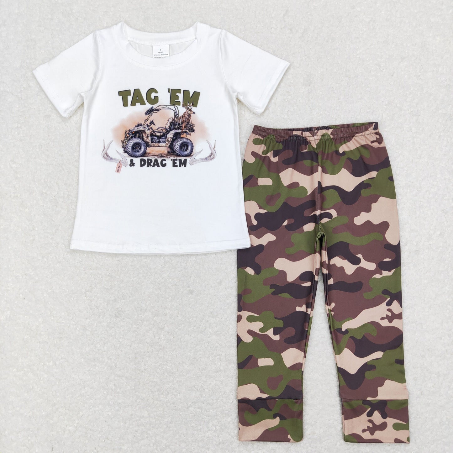 BSPO0234 Baby Boy Short Sleeves Tractor Shirt Camo Pants Set