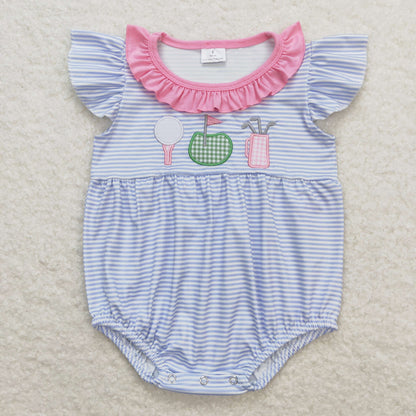 Baby Girl Short Sleeves Embroidery Golf Summer Stripes Bubble One Piece Romper