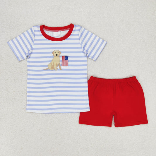 Baby Boy Embroidery Dog Flag Stripes Shirt Red Shorts July 4th Set