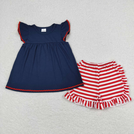 Baby Kids Short Sleeves Navy Blue Cotton Tunic Stripes Shorts July 4th Set