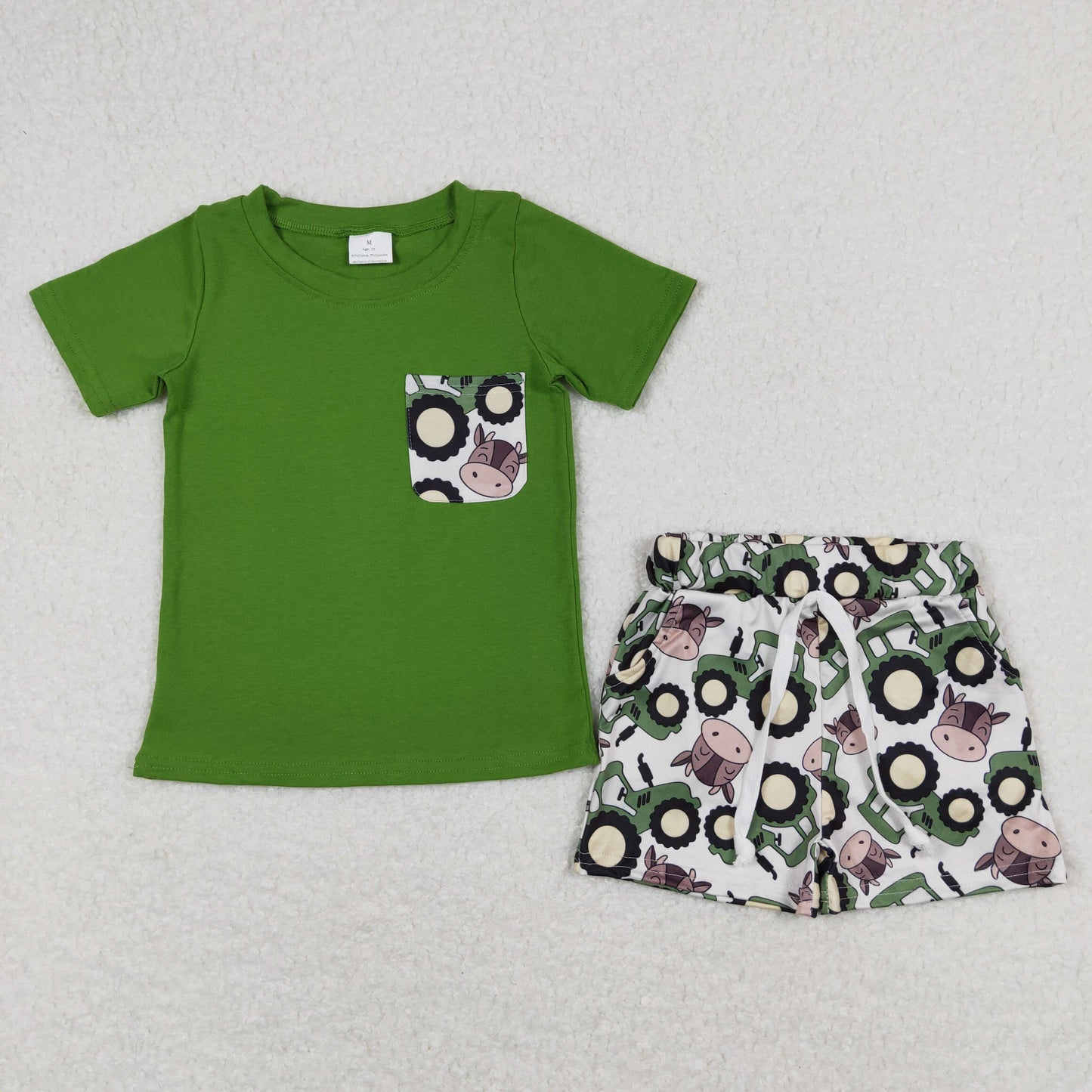 Baby Boy Short Sleeves Green Shirt Pocket Shorts Cow Tractors Farm Set