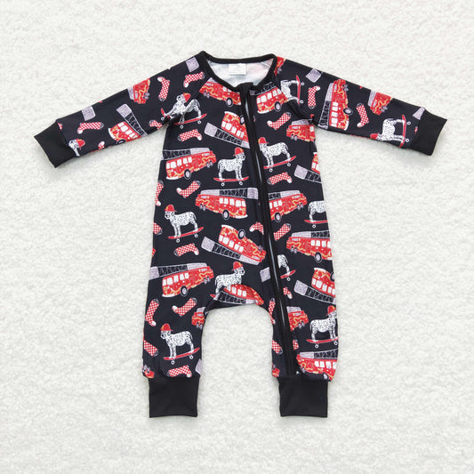 LR0735 Baby Boy Long Sleeves Fire Truck Dogs Zipper One Piece Romper