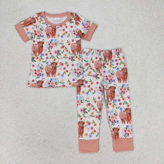 Baby Girl Short Sleeves Highland Cow FLoral Shirt Pants Pajama Set