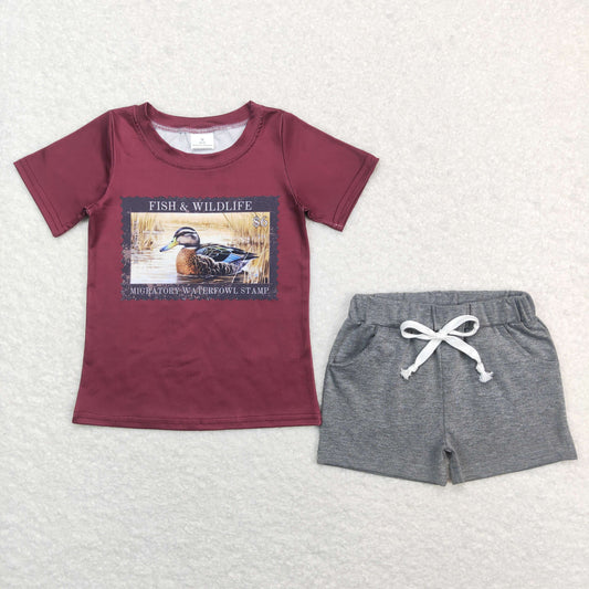 BSSO0472 Baby Boy Short Sleeves Duck Shirt Pocket Grey Shorts Summer Set