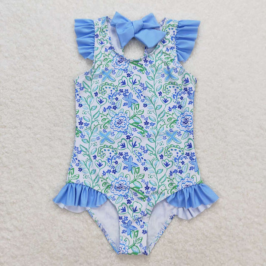 Baby Girl Short Sleeves Floral Blue One Piece Swimsuit