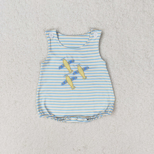 Baby Boy Sleeveless Embroidery Plane Stripes One Piece Romper