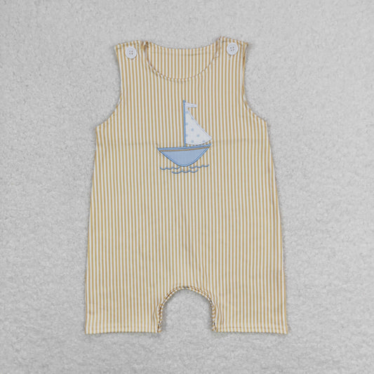 Baby Boy Embroidery Boat Stripes Sleeveless One Piece Romper