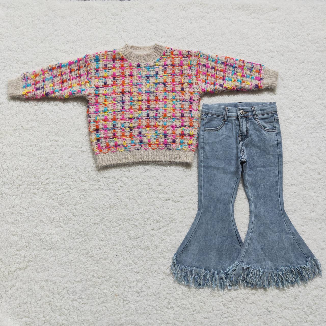 Baby Girl Colorful Long Sleeves Sweater Denim Pants Outfit