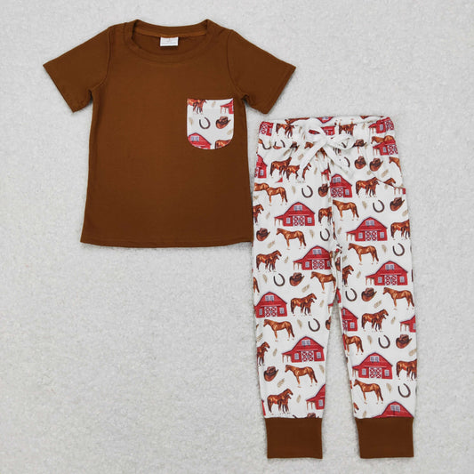 BSPO0207 Baby Boy Short Sleeves Shirt Pocket Farm Horse Pants Outfit