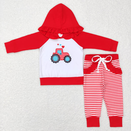 GLP0913 Baby Girl Valentine's Day Long Sleeves Embroidery Tractor Hoodie Tops Red Stripes Pocket Pants Set