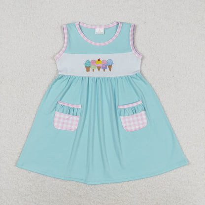Baby Girl Sleeveless Pocket Embroidery Popsicle Blue Dress
